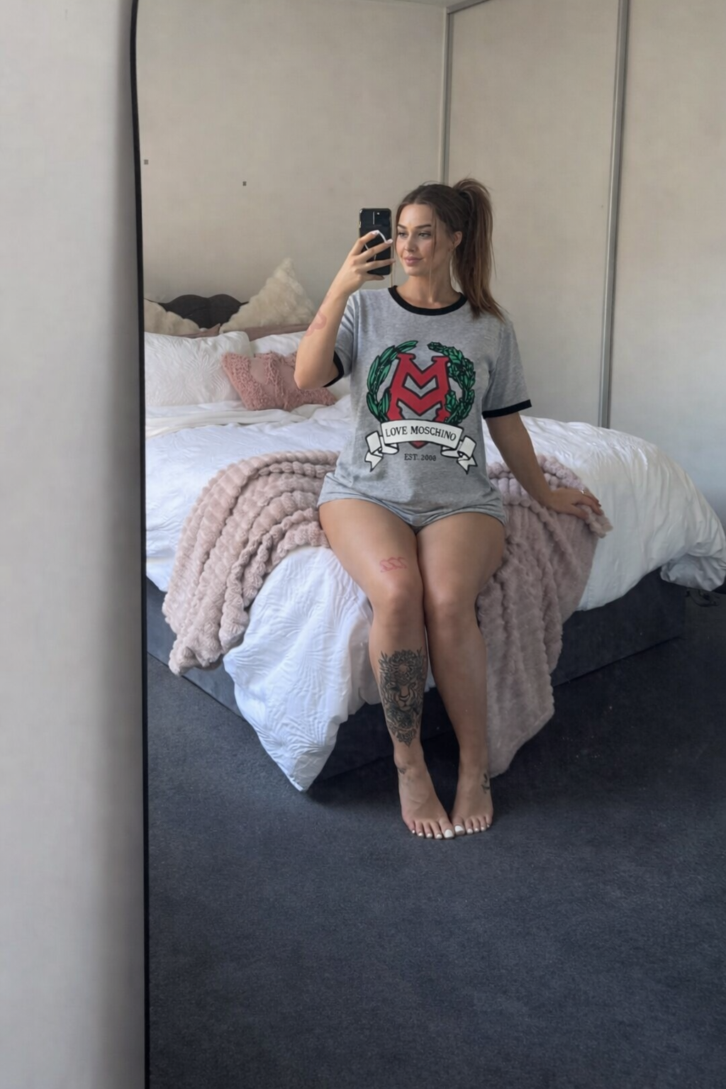 Love Moschino Grey T-Shirt with Front Logo and Black Trim
