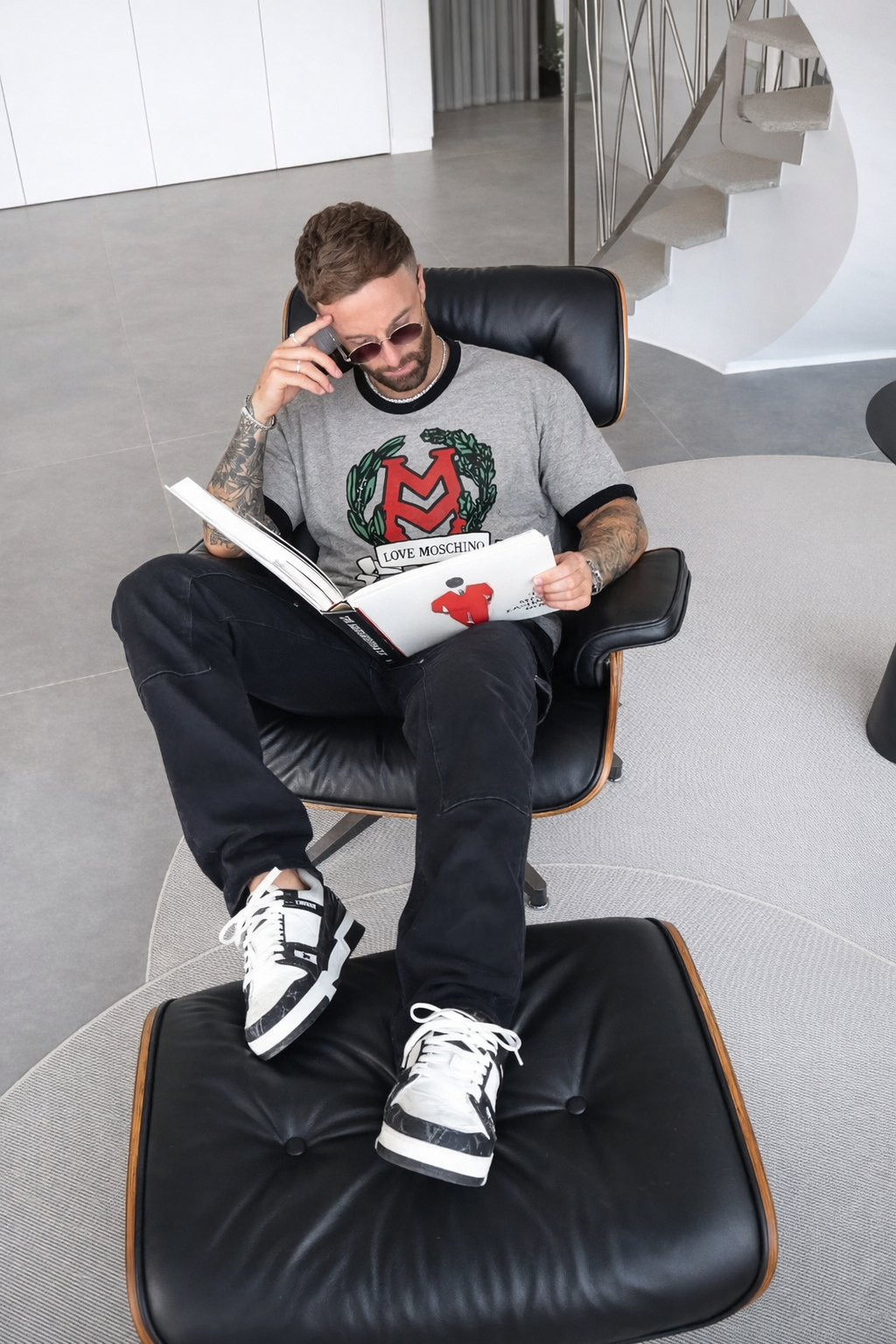 Love Moschino Grey T-Shirt with Front Logo and Black Trim