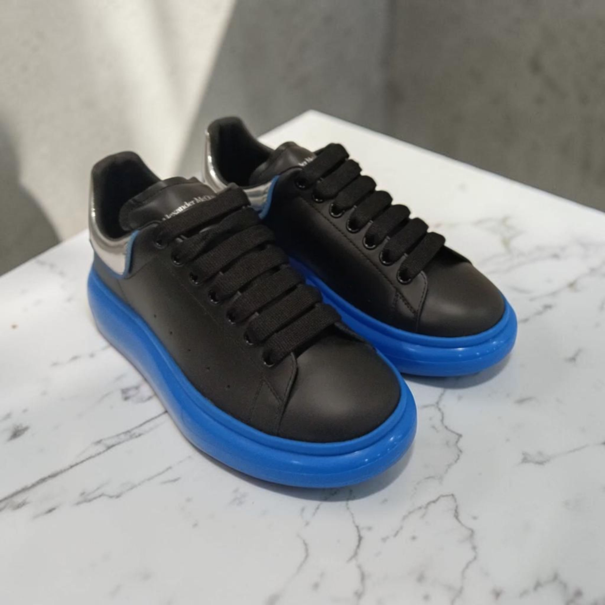 Alexander McQueen Oversized Leather Sneakers Black Blue Sole