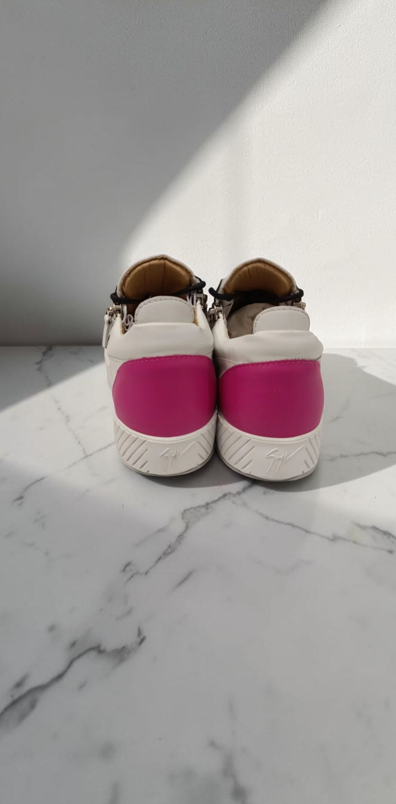 Giuseppe Zanotti Leather Sneakers White Black Pink Heel Zip Detail