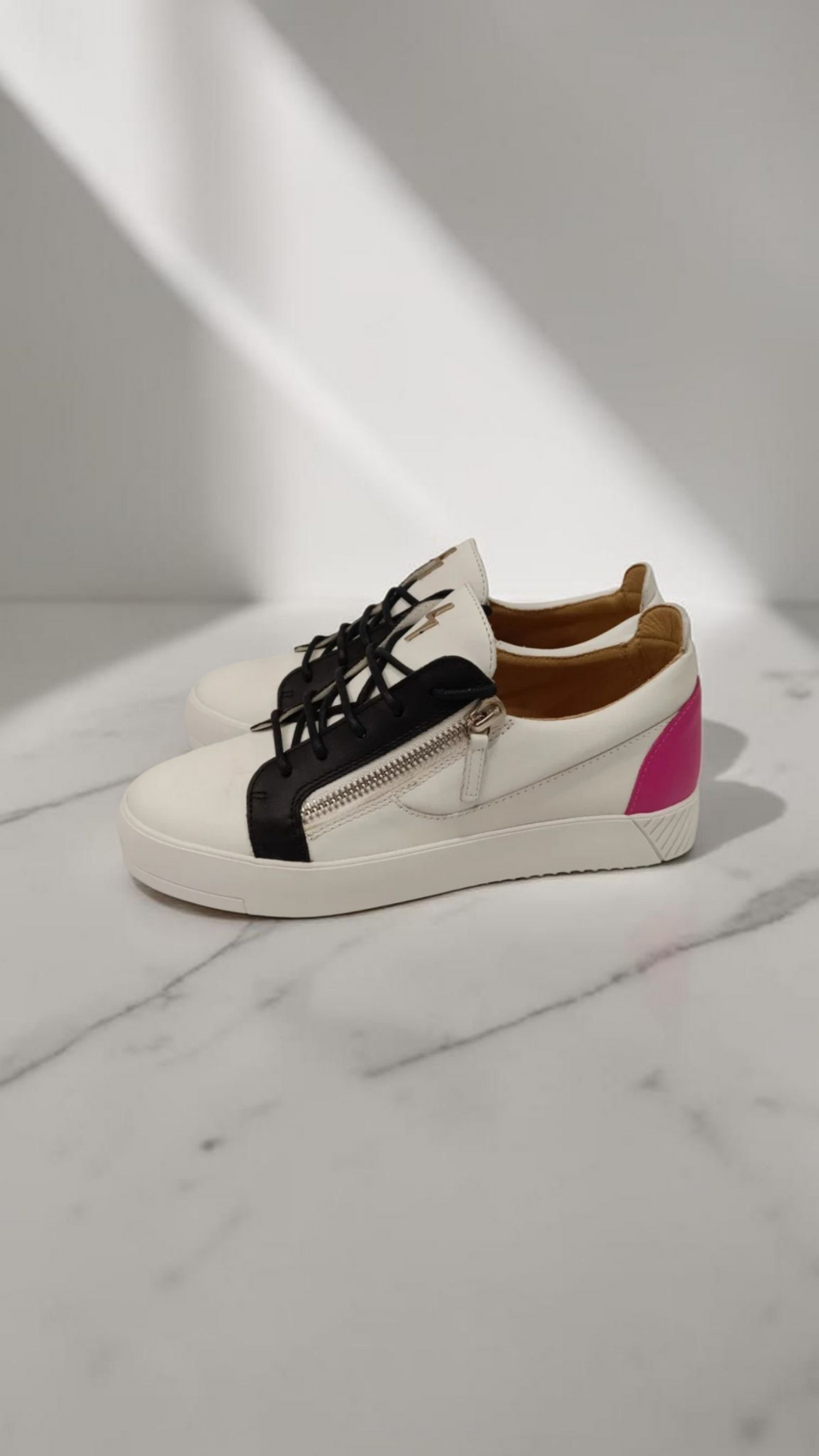 Giuseppe Zanotti Leather Sneakers White Black Pink Heel Zip Detail