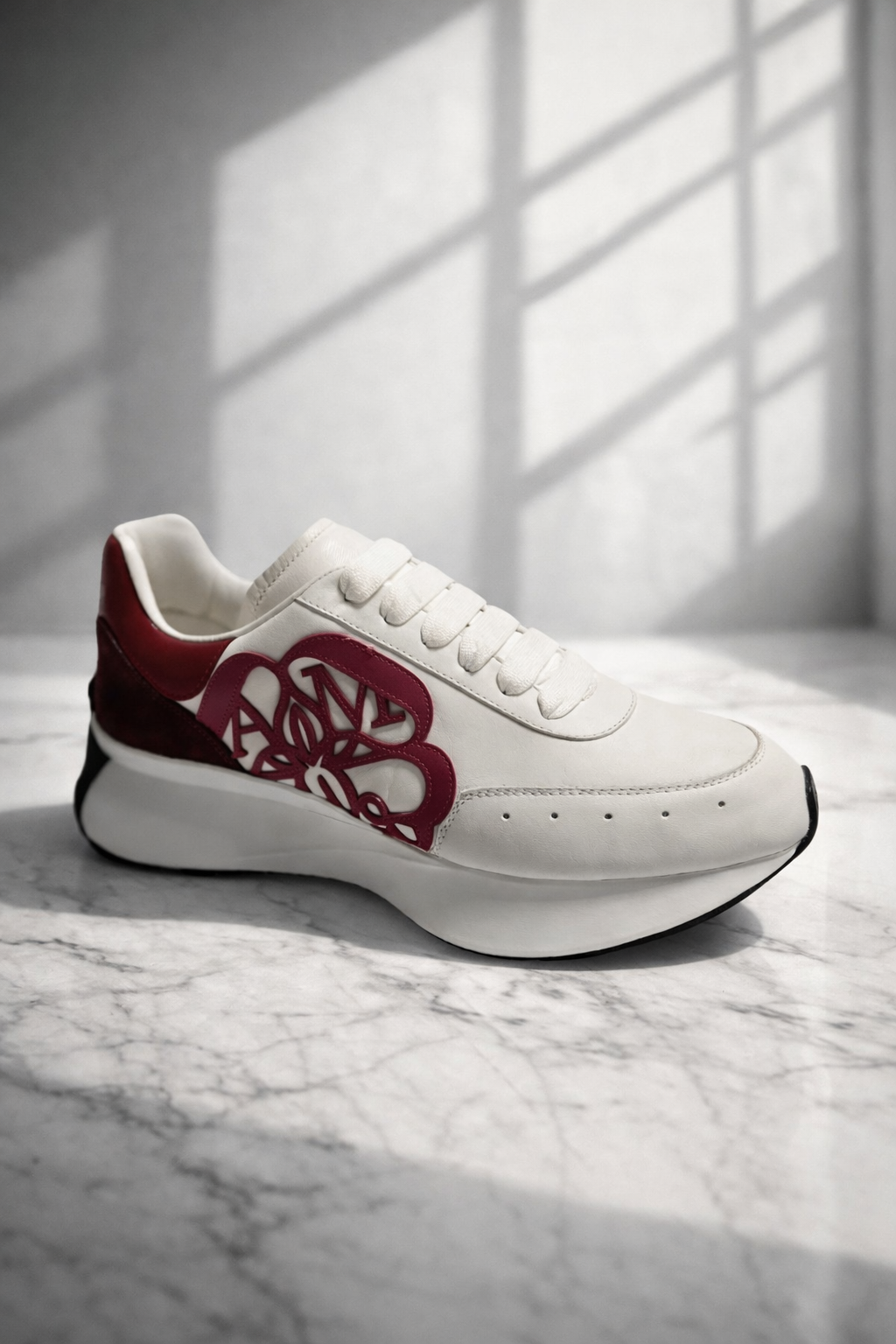 Alexander McQueen Sprint Runner Leather Sneakers in White and Burgundy