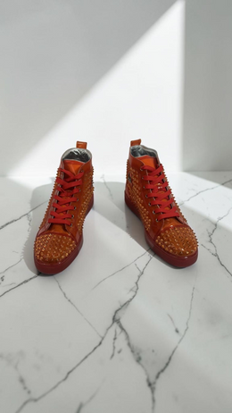 Christian Louboutin Louis High Top Spiked Sneakers Orange Red