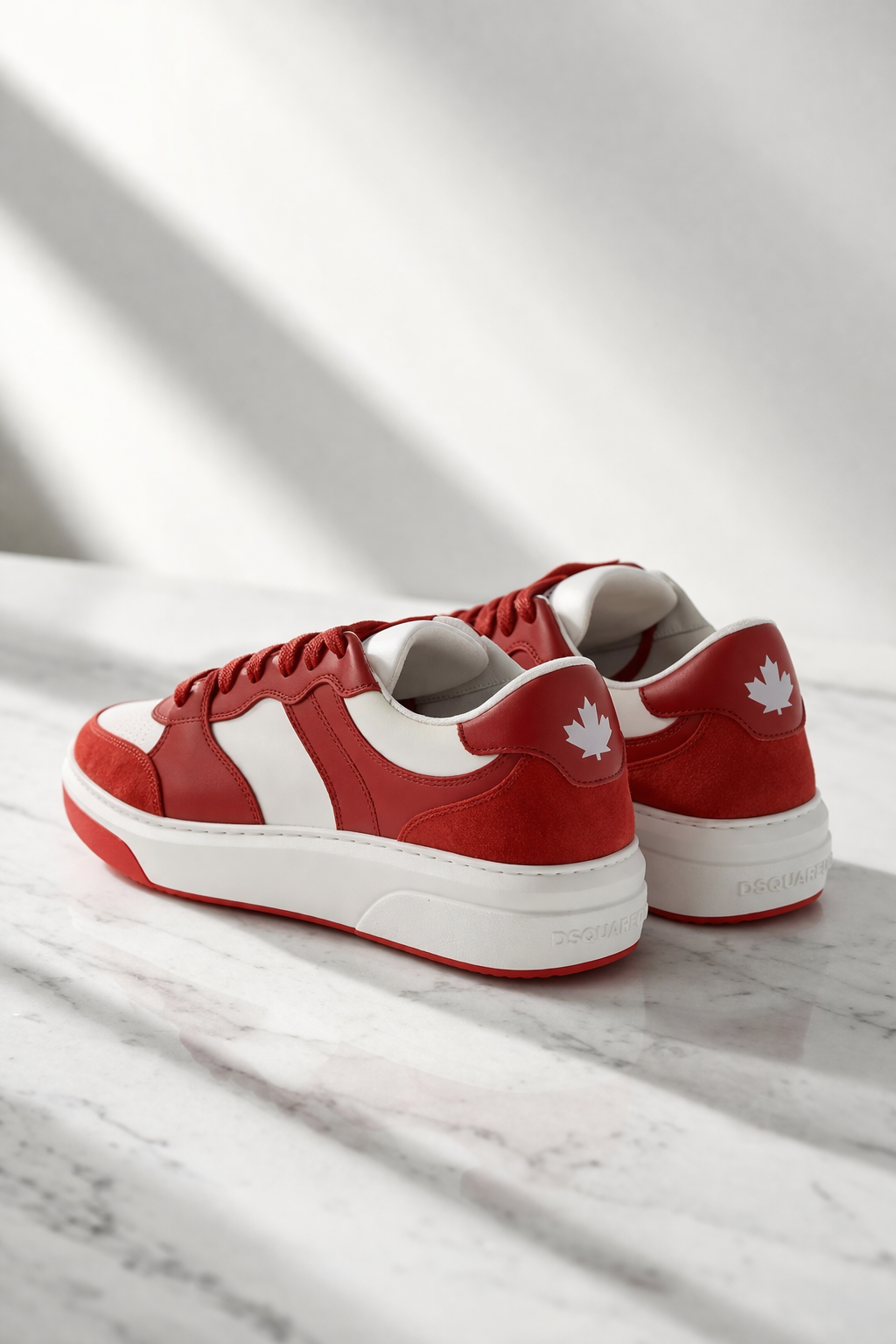 DSQUARED2 Bumper Leather Low Lace-Up Sneakers in Red and White