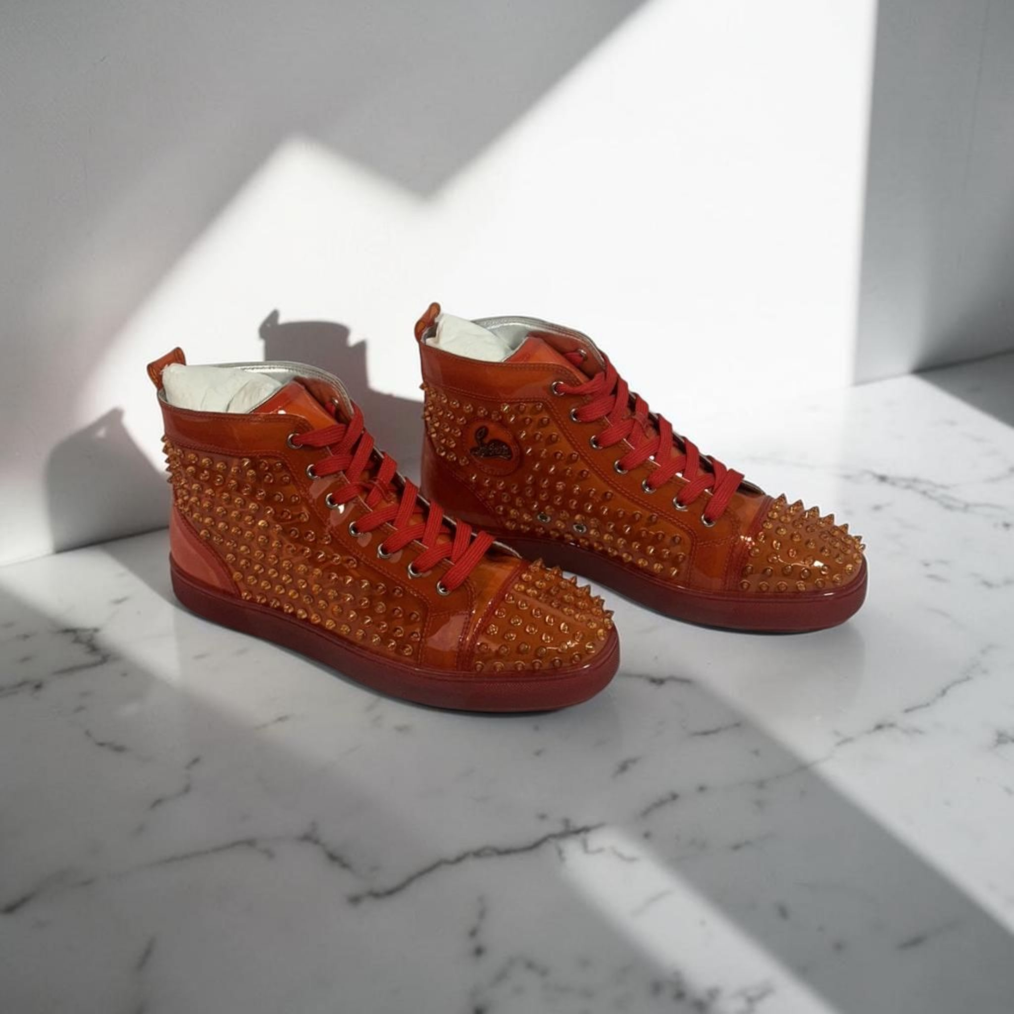 Christian Louboutin Louis High Top Spiked Sneakers Orange Red