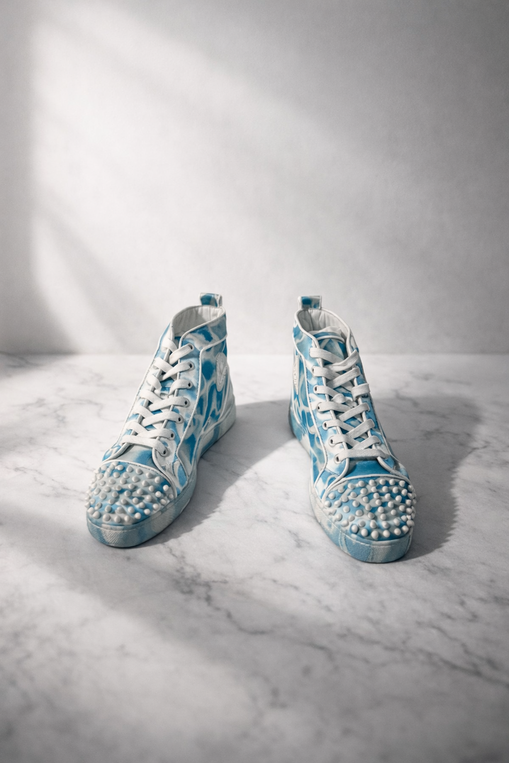 Christian Louboutin High-Top Spiked Sneakers Blue White Print