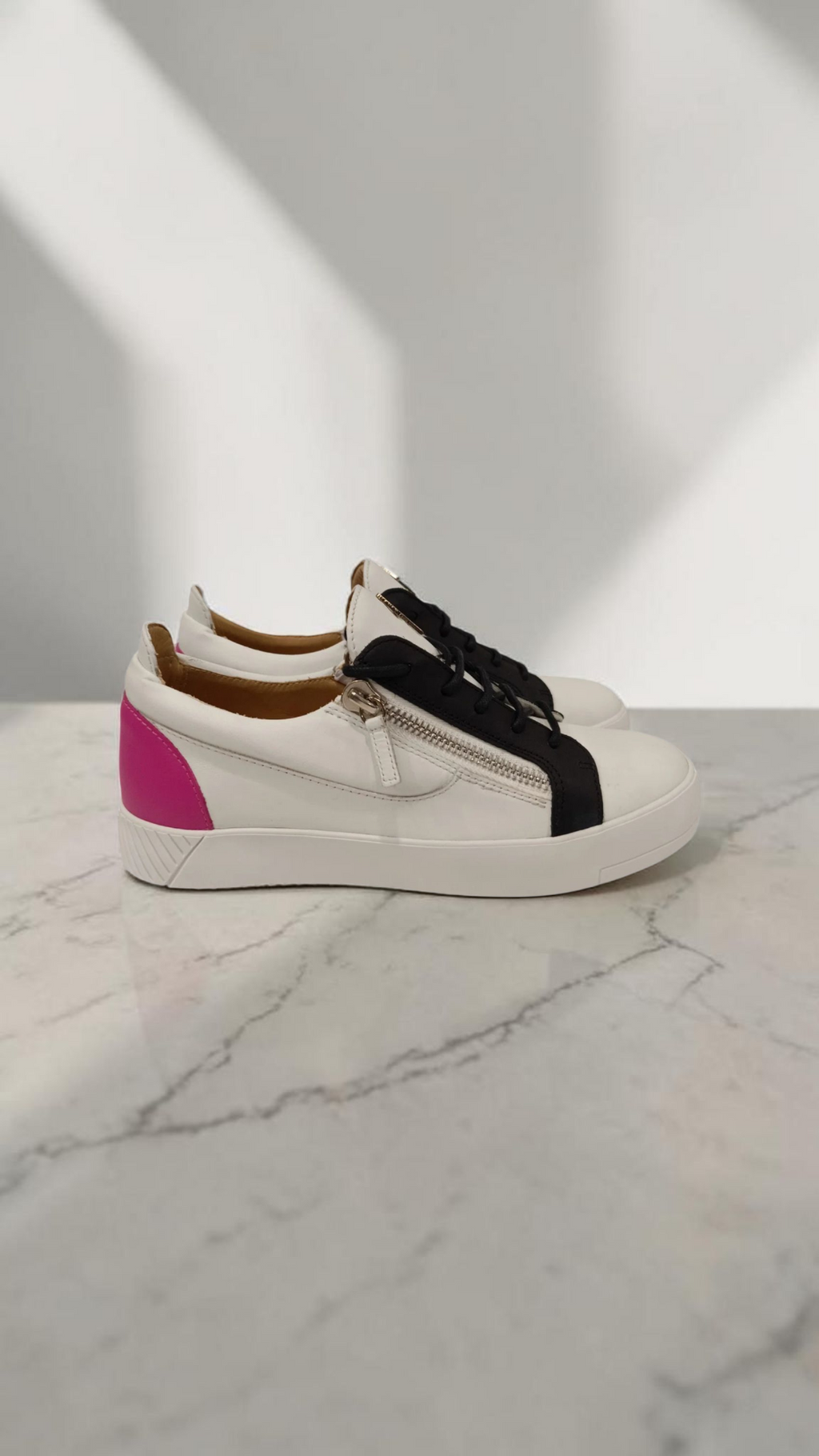 Giuseppe Zanotti Leather Sneakers White Black Pink Heel Zip Detail