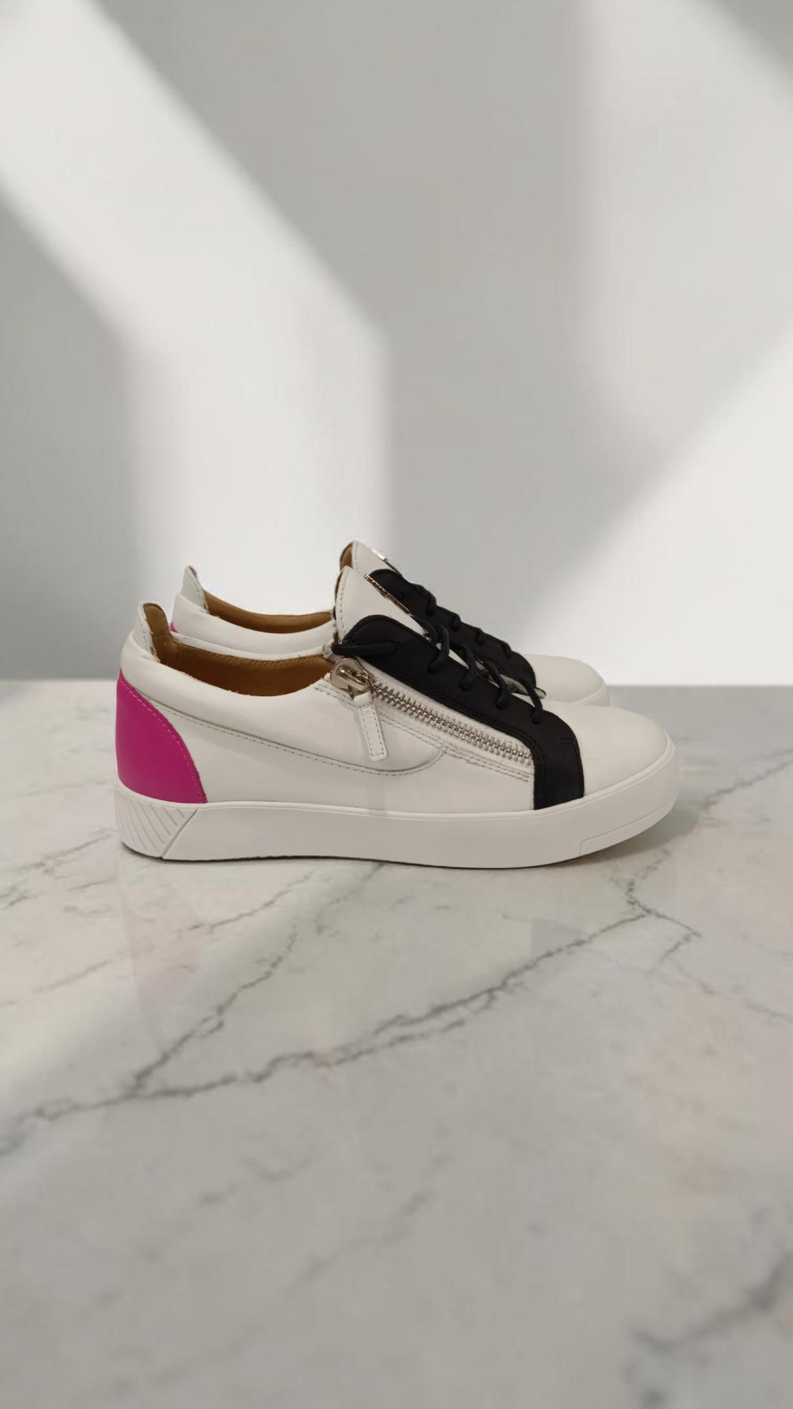 Giuseppe Zanotti Leather Sneakers White Black Pink Heel Zip Detail