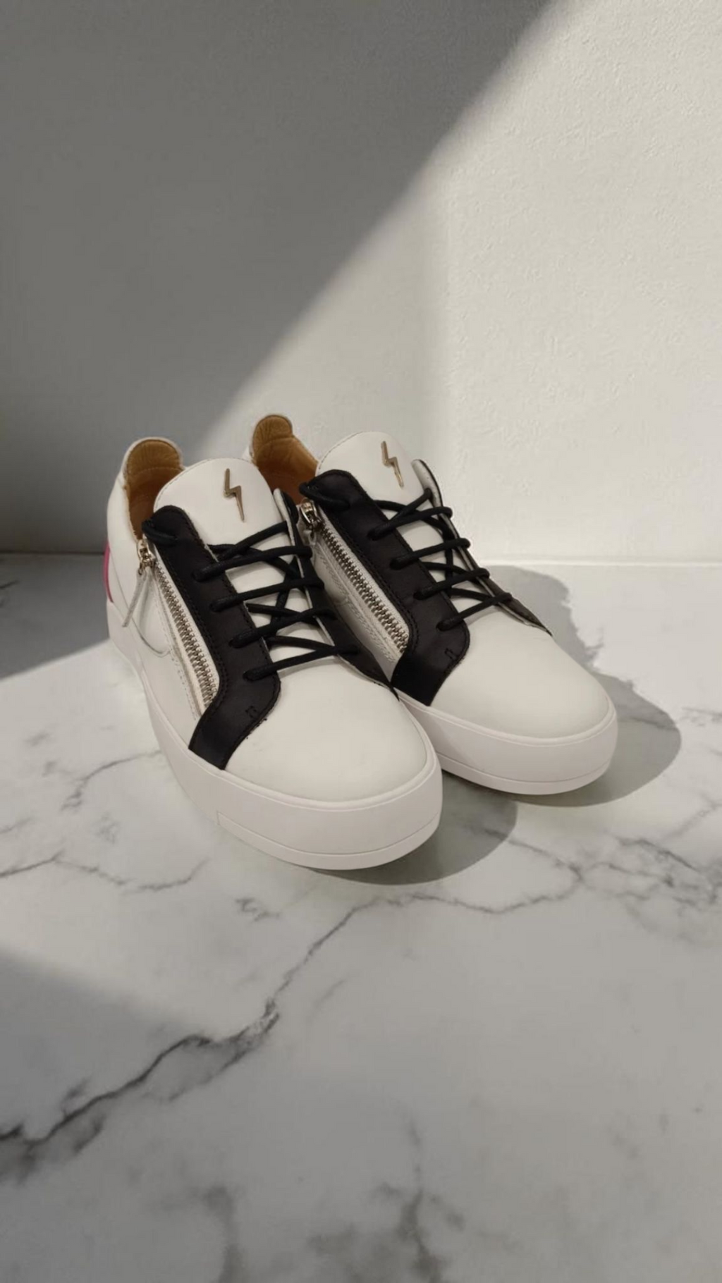 Giuseppe Zanotti Leather Sneakers White Black Pink Heel Zip Detail