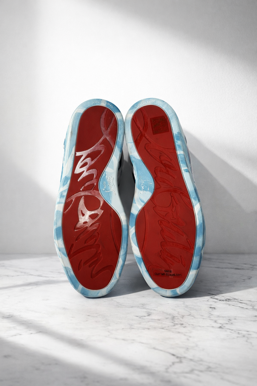Christian Louboutin High-Top Spiked Sneakers Blue White Print