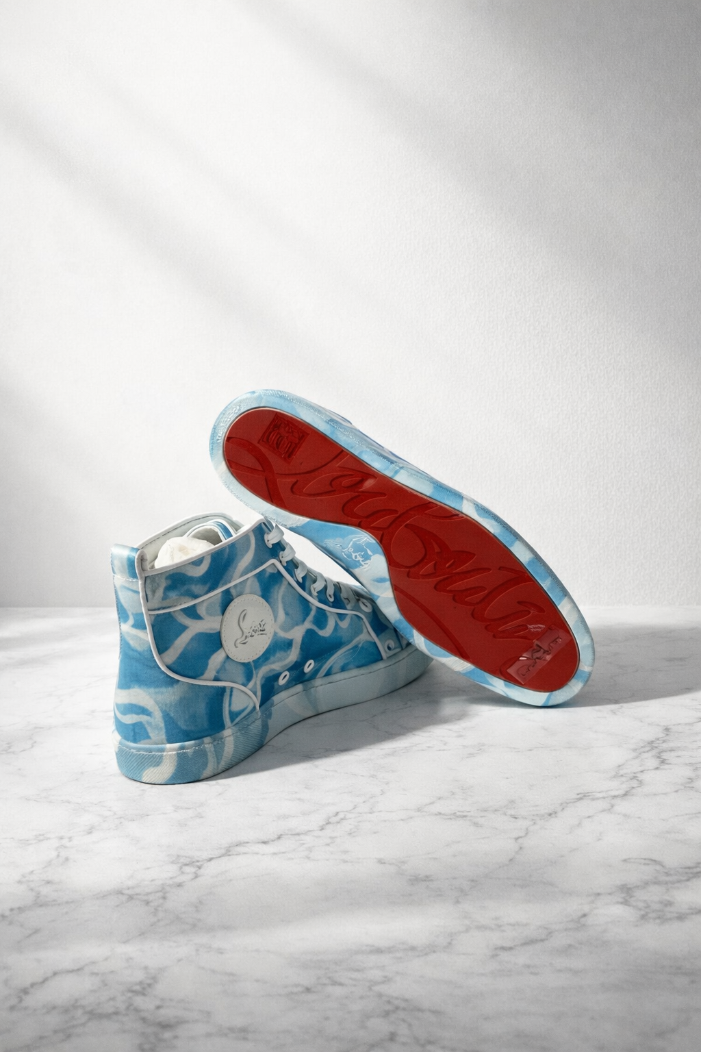 Christian Louboutin High-Top Spiked Sneakers Blue White Print