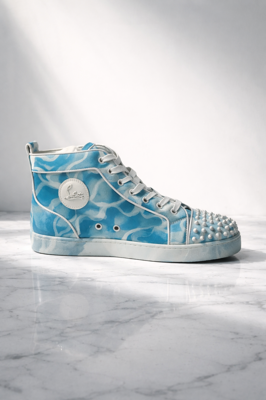 Christian Louboutin High-Top Spiked Sneakers Blue White Print